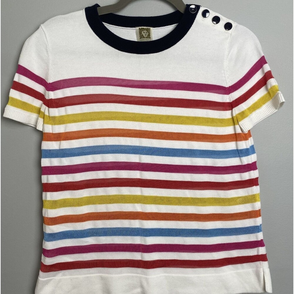 Anne Klein Multi-Color Striped Short Sleeve Sweater with Buttons Size S